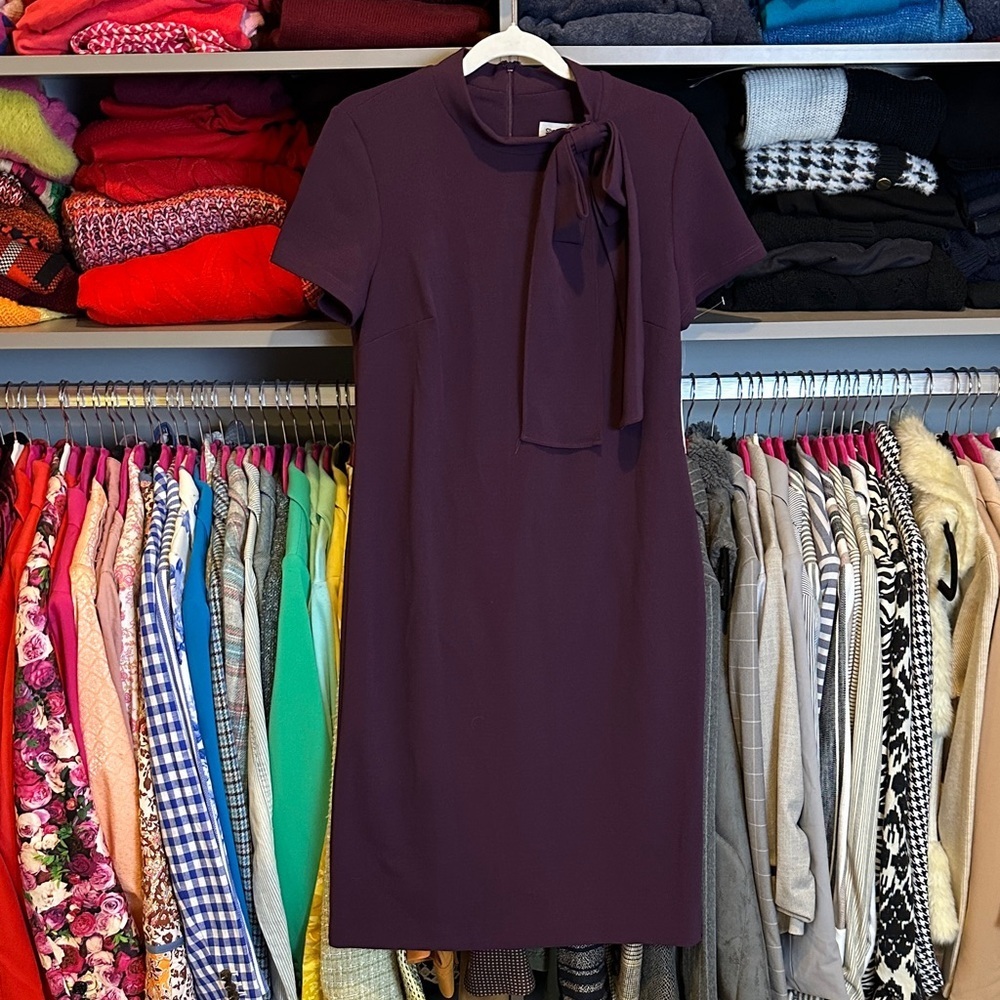 Shelby & Palmer aubergine short sleeve bow detail mock neck dress size 6 NWT